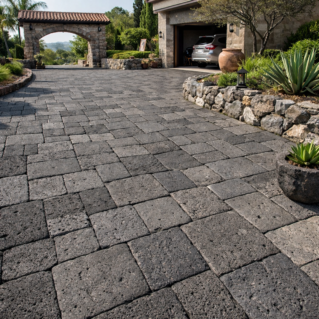 Basalt stone volcanic driveway made with Cantera stone pavers in charcoal gray natural finish