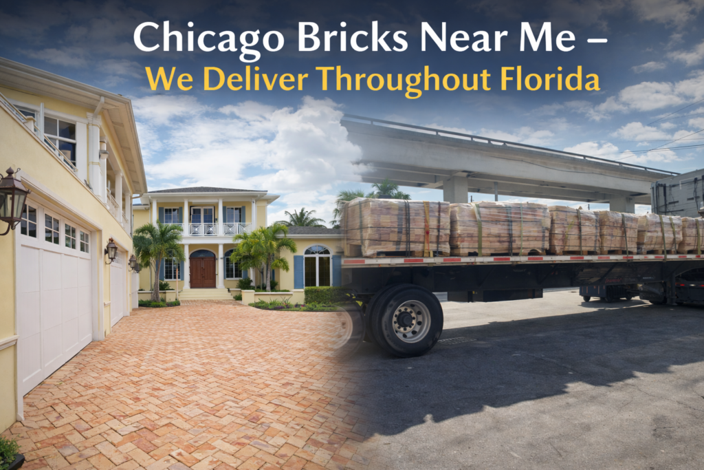 Chicago bricks near me delivered in Florida flatbed truck delivery and installed clay brick driveway in herringbone pattern luxury home