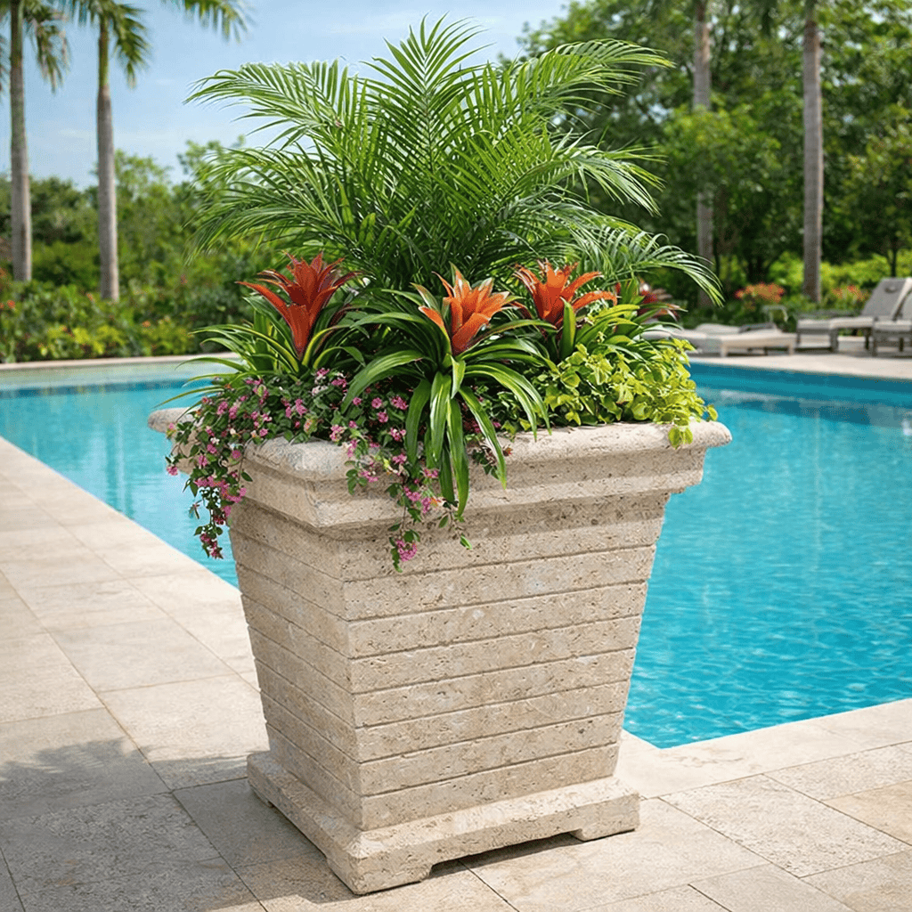 Shellstone stone planter with tropical plants on a pool deck near a swimming pool