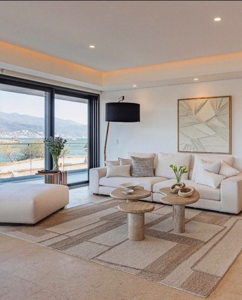 Coral Pearl light beige limestone flooring in a sophisticated coastal living room